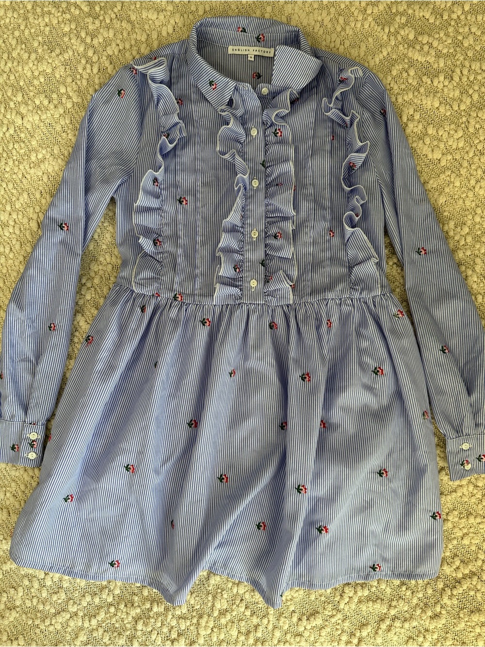 English Factory Floral Embroidered Blue Striped Ruffle Shirt Dress Small S